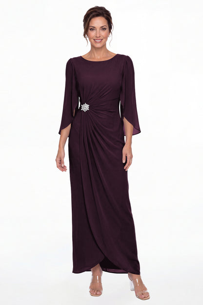 Plum Boat Neck Ruched Chiffon Slit Maxi Gown - Front View