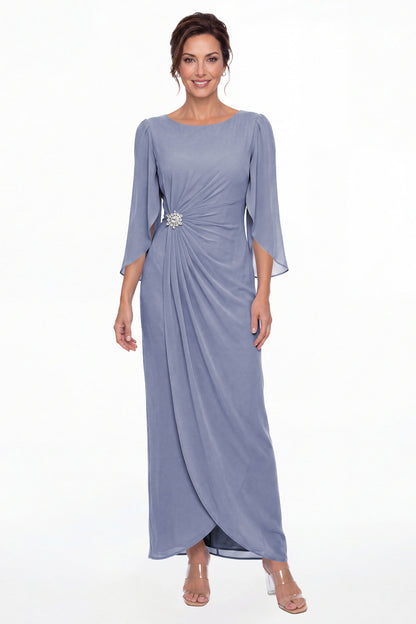 Steel Blue Boat Neck Ruched Chiffon Slit Maxi Gown - Front View