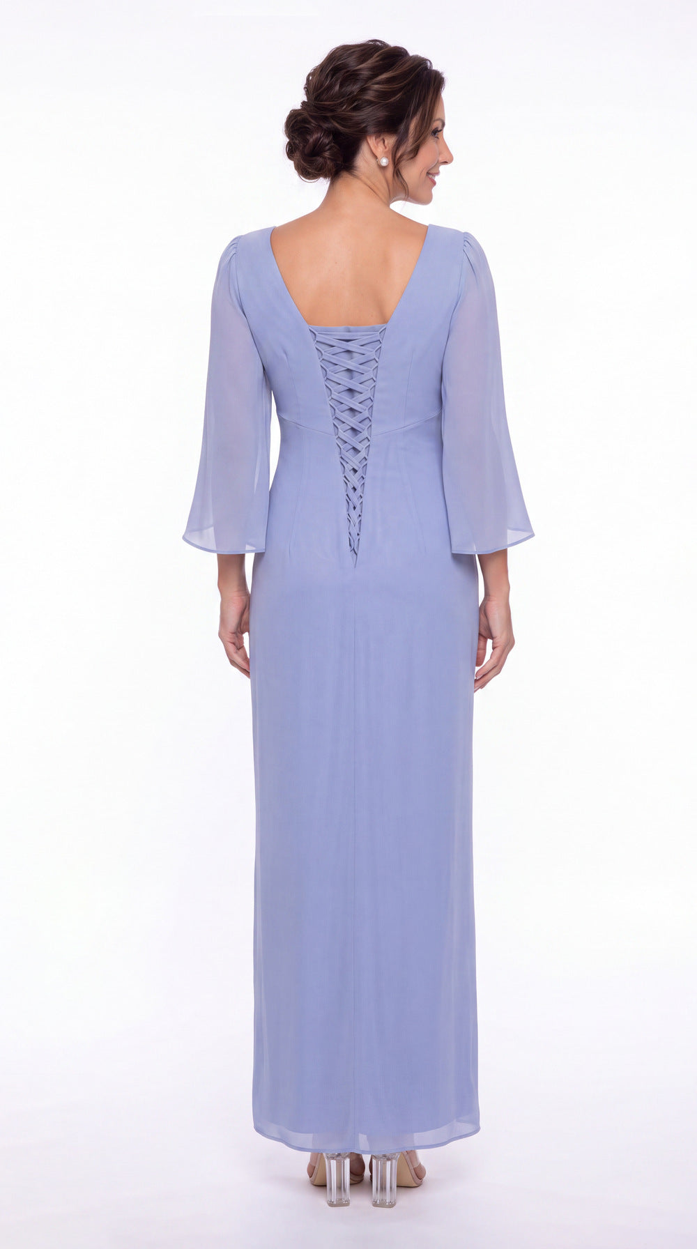 Boat Neck Ruched Chiffon Slit Maxi Gown - Back View