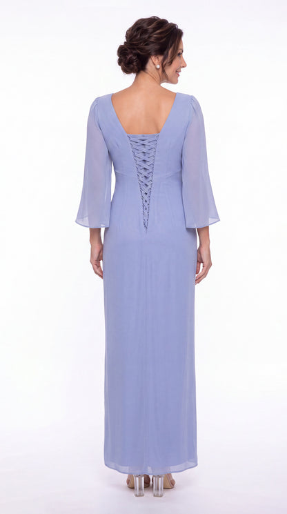 Boat Neck Ruched Chiffon Slit Maxi Gown - Back View