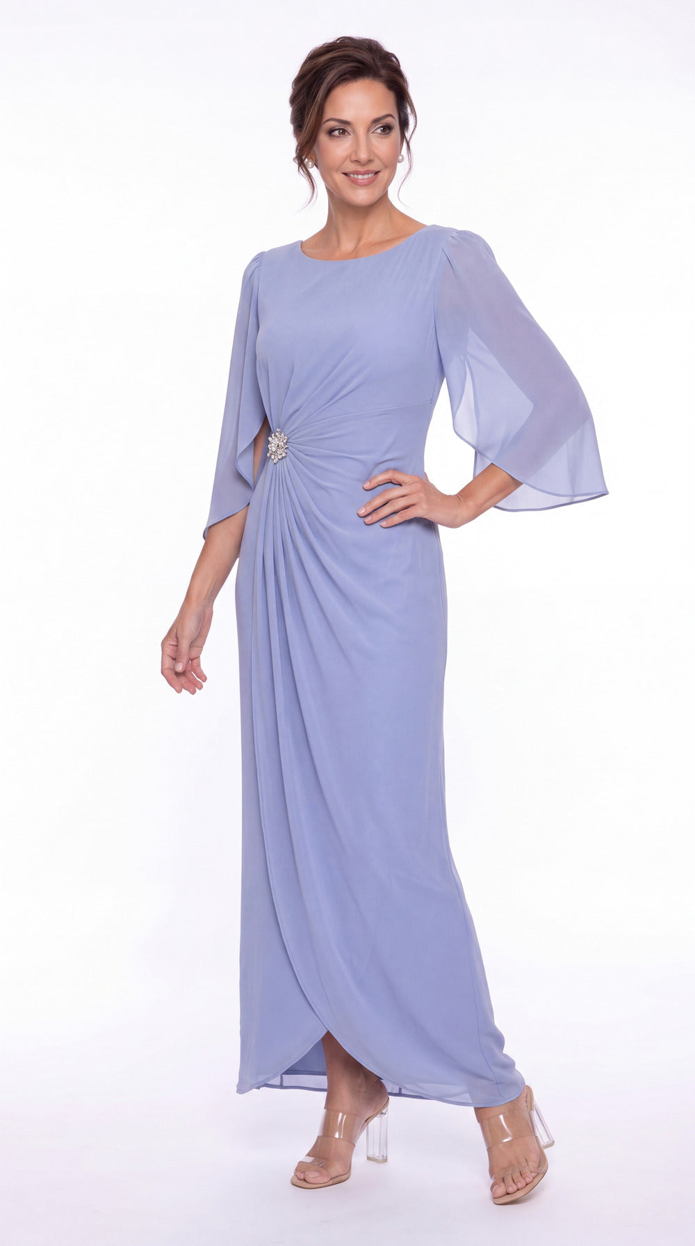 Boat Neck Ruched Chiffon Slit Maxi Gown - Detail View 3