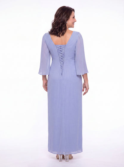 Boat Neck Ruched Chiffon Slit Maxi Gown - Detail View 5