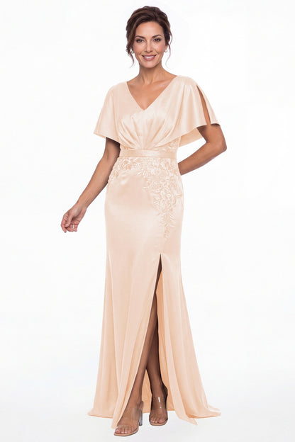 Blush Pink Cape Sleeve Lace Applique Satin Slit Maxi Gown - Front View