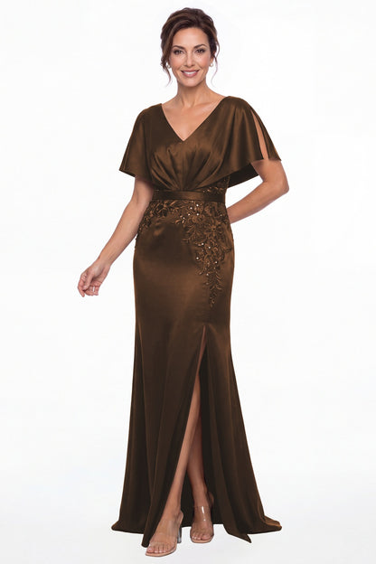 Brown Cape Sleeve Lace Applique Satin Slit Maxi Gown - Front View