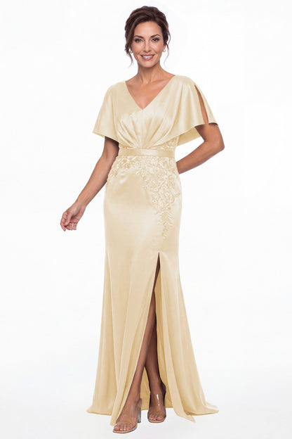 Champagne Cape Sleeve Lace Applique Satin Slit Maxi Gown - Front View