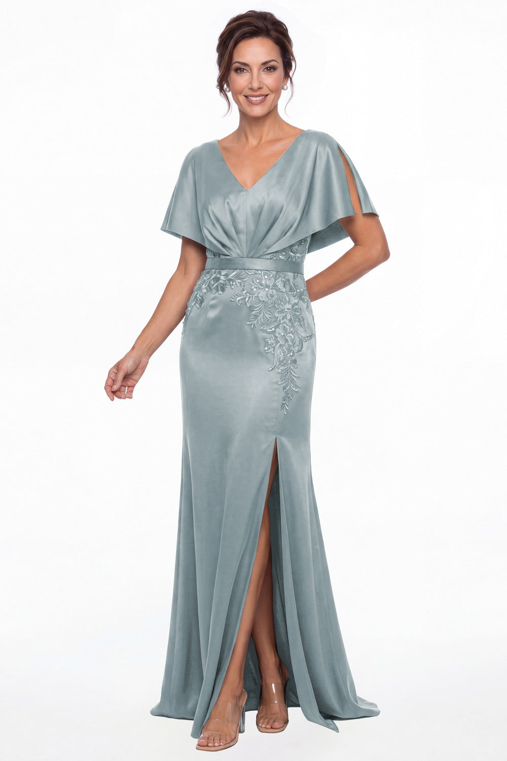 Dusty Blue Cape Sleeve Lace Applique Satin Slit Maxi Gown - Front View