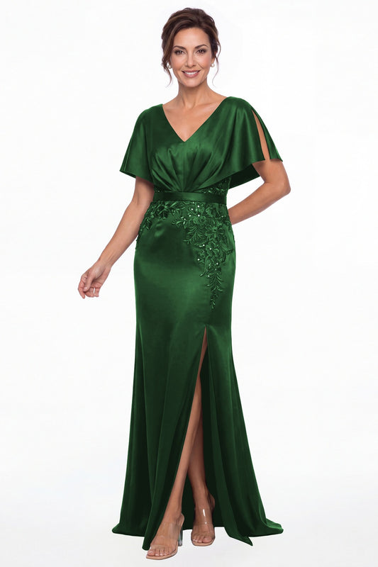 Emerald Green Cape Sleeve Lace Applique Satin Slit Maxi Gown - Front View