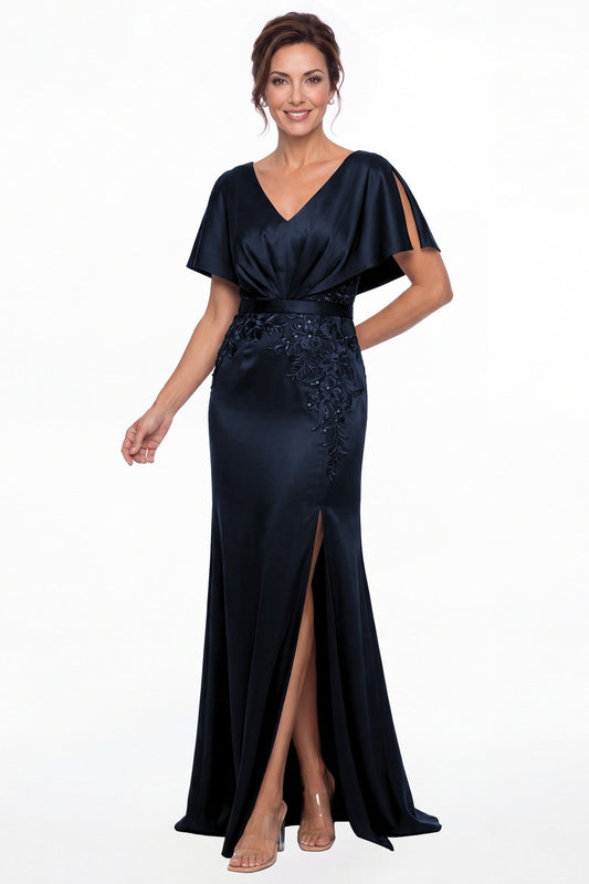 Navy Blue Cape Sleeve Lace Applique Satin Slit Maxi Gown - Front View