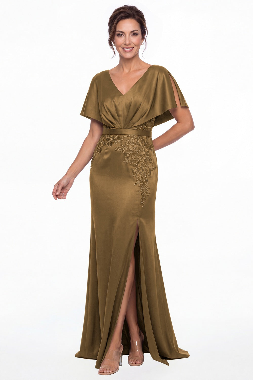Taupe Cape Sleeve Lace Applique Satin Slit Maxi Gown - Front View