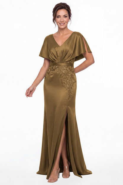 Taupe Cape Sleeve Lace Applique Satin Slit Maxi Gown - Front View