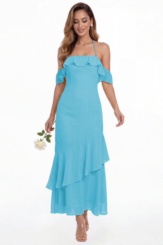 Aqua Blue Off Shoulder Chiffon Ruffle A-Line Maxi Gown - Front View