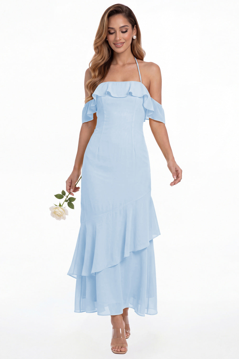 Baby Blue Off Shoulder Chiffon Ruffle A-Line Maxi Gown - Front View