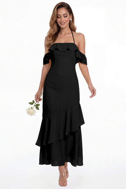 Black Off Shoulder Chiffon Ruffle A-Line Maxi Gown - Front View