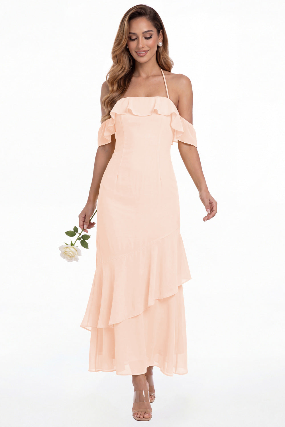 Blush Pink Off Shoulder Chiffon Ruffle A-Line Maxi Gown - Front View