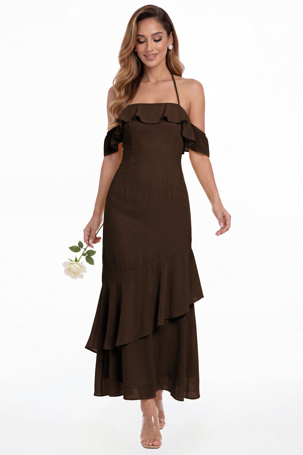 Brown Off Shoulder Chiffon Ruffle A-Line Maxi Gown - Front View