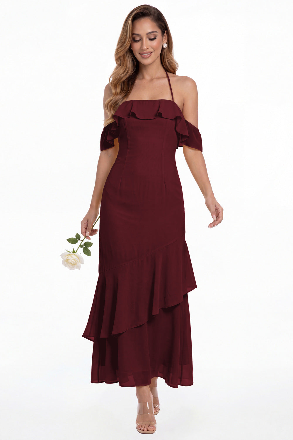 Burgundy Off Shoulder Chiffon Ruffle A-Line Maxi Gown - Front View