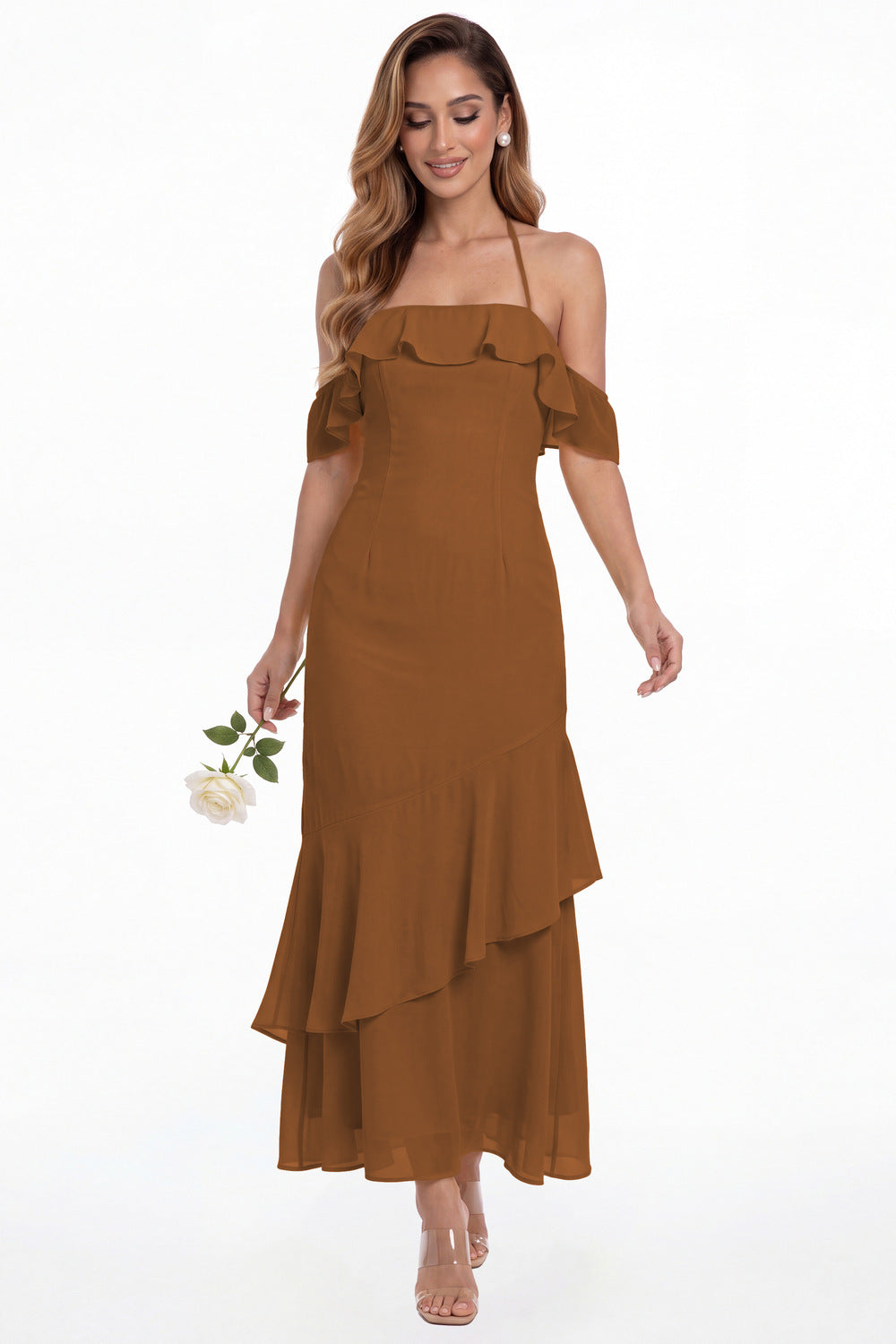 Burnt Orange Off Shoulder Chiffon Ruffle A-Line Maxi Gown - Front View