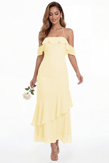Butter Yellow Off Shoulder Chiffon Ruffle A-Line Maxi Gown - Front View