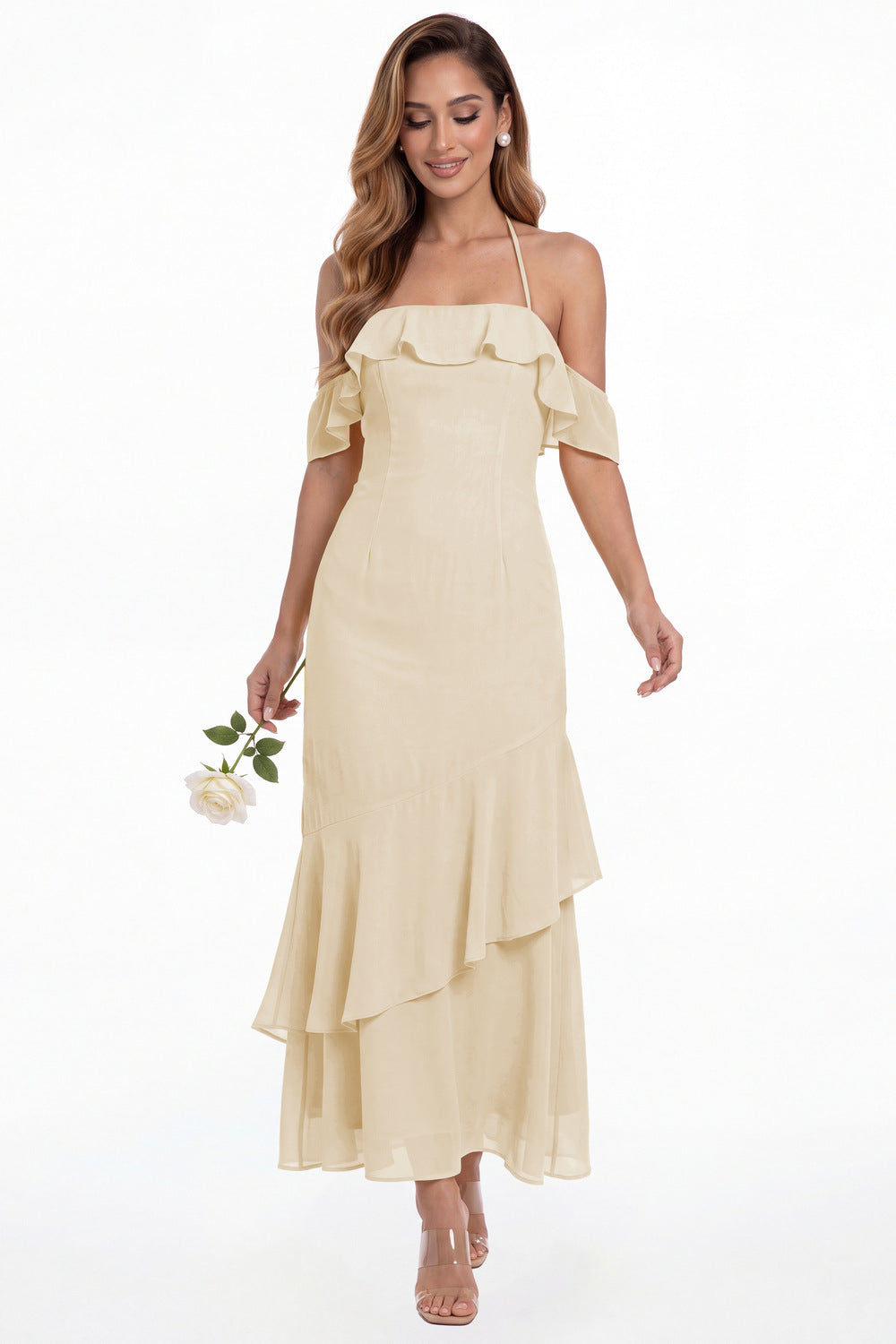 Champagne Off Shoulder Chiffon Ruffle A-Line Maxi Gown - Front View