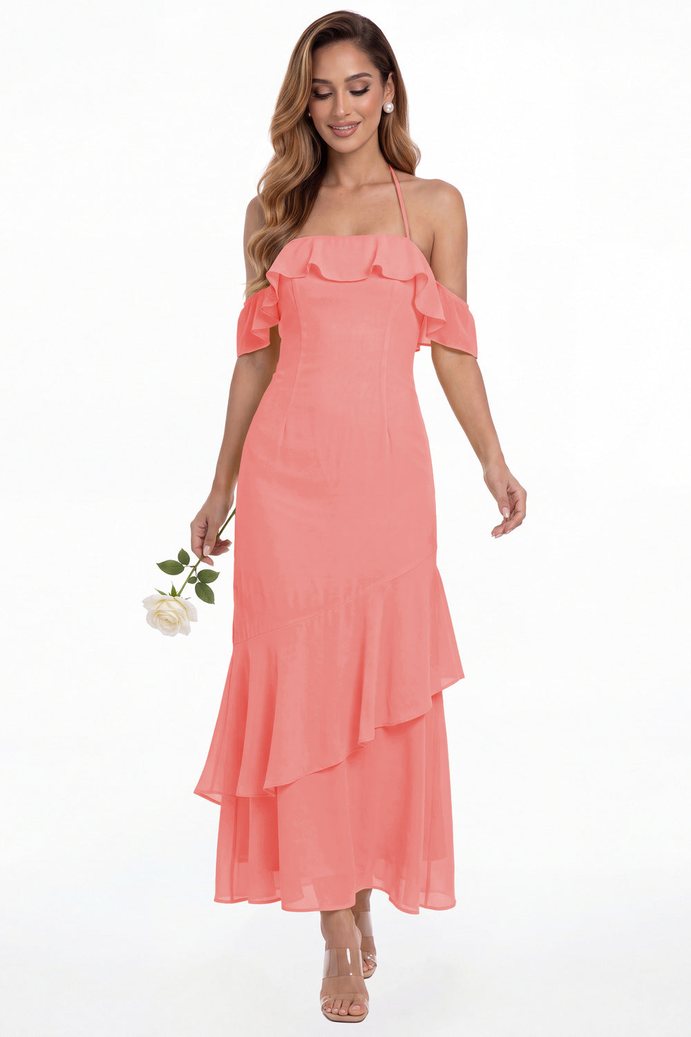 Coral Off Shoulder Chiffon Ruffle A-Line Maxi Gown - Front View