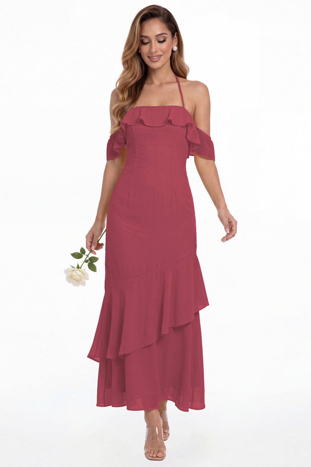 Desert Rose Off Shoulder Chiffon Ruffle A-Line Maxi Gown - Front View
