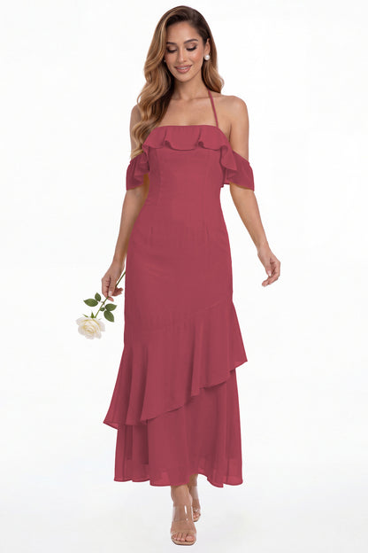 Desert Rose Off Shoulder Chiffon Ruffle A-Line Maxi Gown - Front View