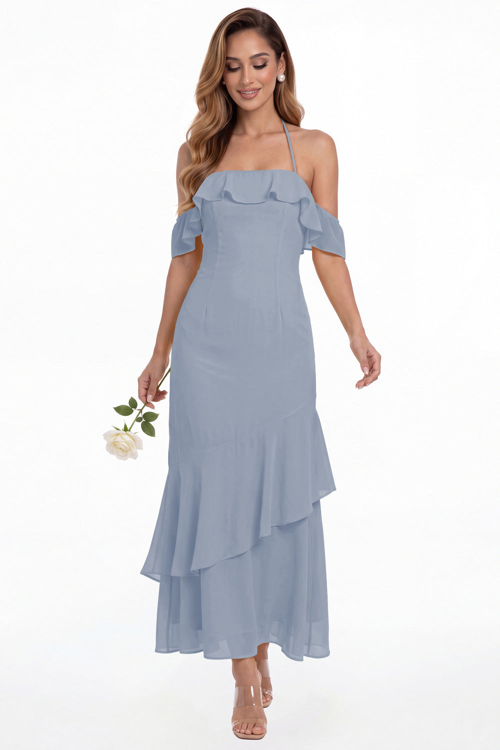 Dusty Blue Off Shoulder Chiffon Ruffle A-Line Maxi Gown - Front View