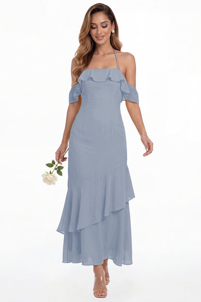 Dusty Blue Off Shoulder Chiffon Ruffle A-Line Maxi Gown - Front View