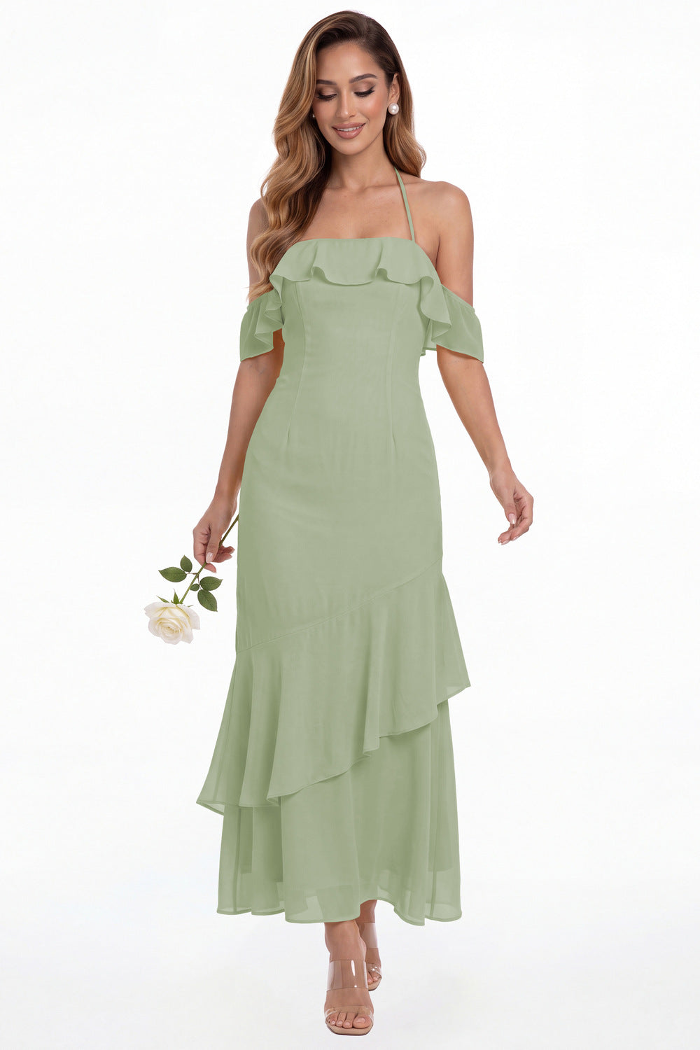 Dusty Sage Off Shoulder Chiffon Ruffle A-Line Maxi Gown - Front View