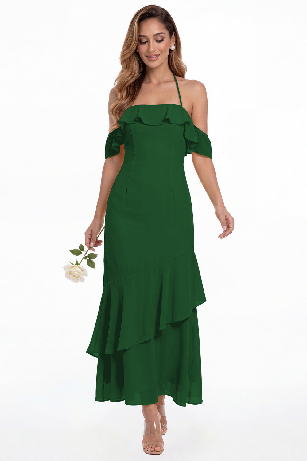 Emerald Green Off Shoulder Chiffon Ruffle A-Line Maxi Gown - Front View
