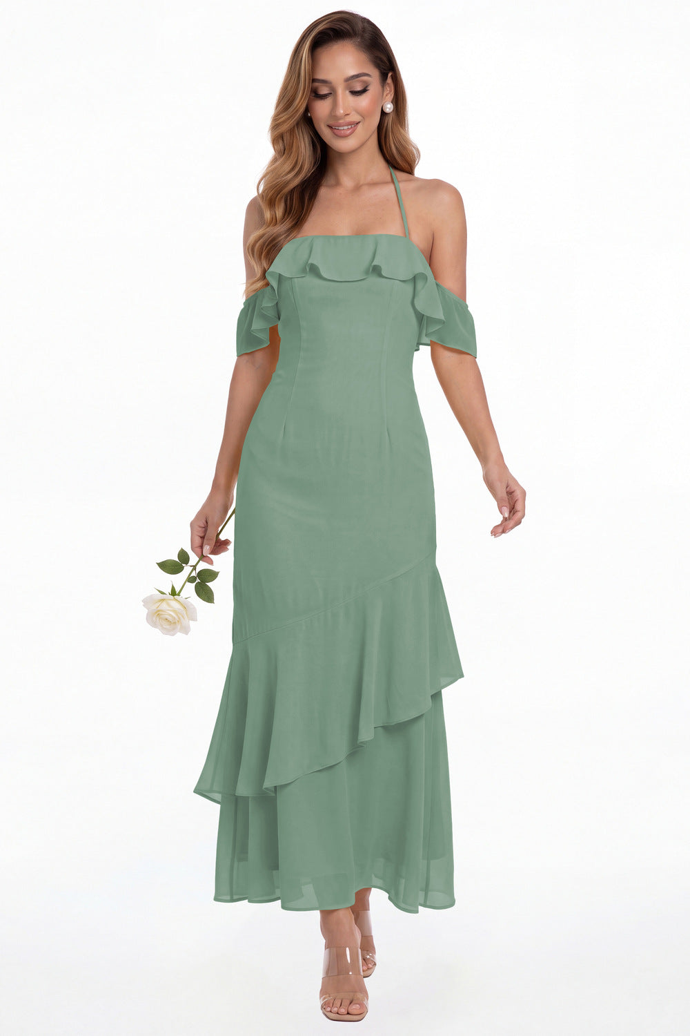 Eucalyptus Off Shoulder Chiffon Ruffle A-Line Maxi Gown - Front View