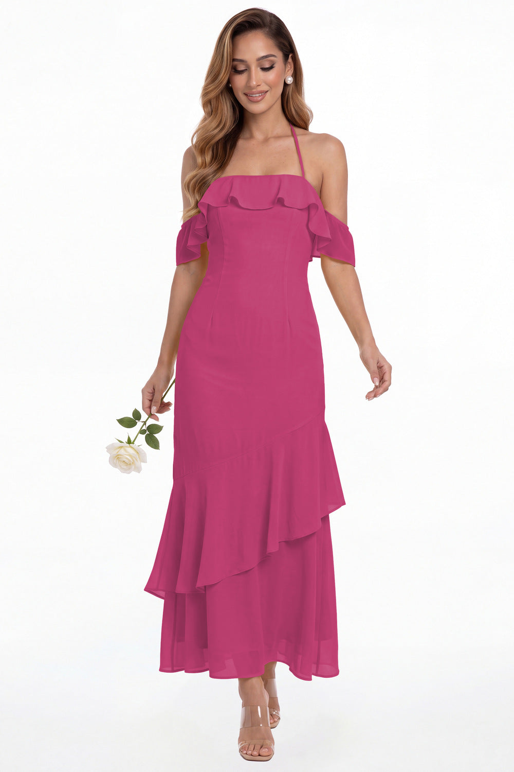 Fuchsia Off Shoulder Chiffon Ruffle A-Line Maxi Gown - Front View