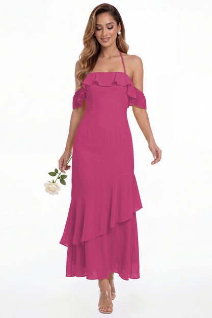 Fuchsia Off Shoulder Chiffon Ruffle A-Line Maxi Gown - Front View