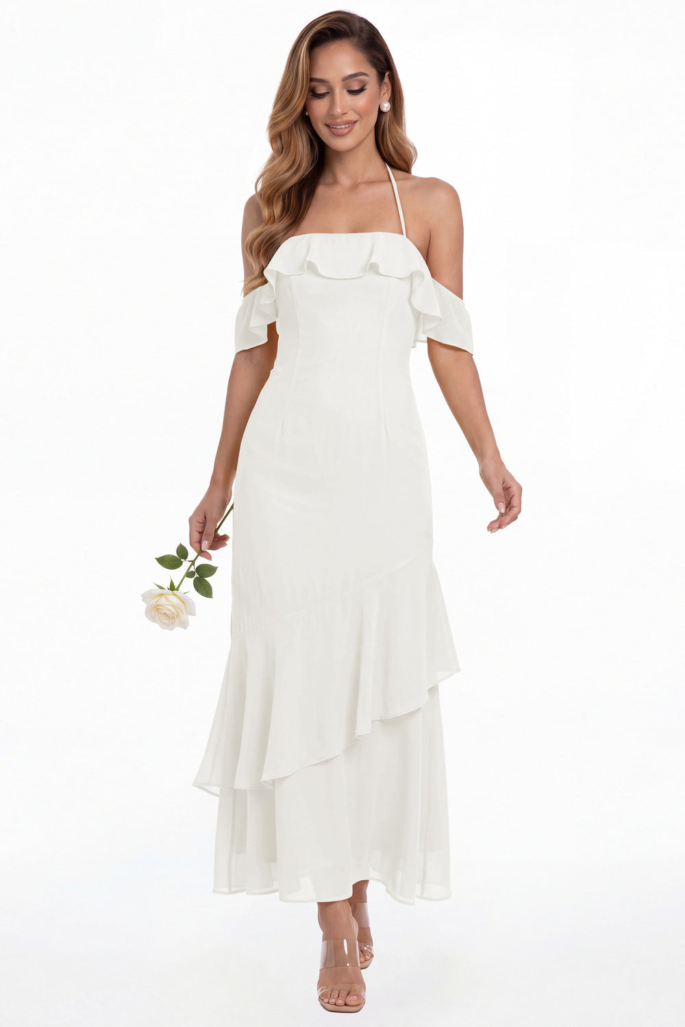 Ivory Off Shoulder Chiffon Ruffle A-Line Maxi Gown - Front View