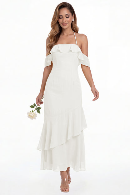 Ivory Off Shoulder Chiffon Ruffle A-Line Maxi Gown - Front View