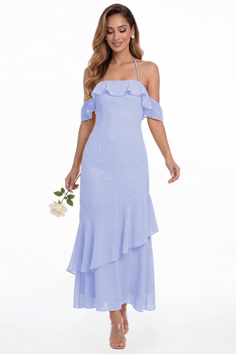 Lavender Off Shoulder Chiffon Ruffle A-Line Maxi Gown - Front View