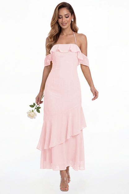 Light Pink Off Shoulder Chiffon Ruffle A-Line Maxi Gown - Front View