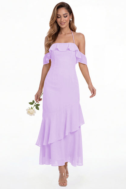 Lilac Off Shoulder Chiffon Ruffle A-Line Maxi Gown - Front View