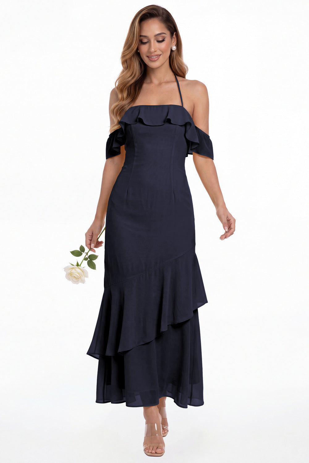 Navy Blue Off Shoulder Chiffon Ruffle A-Line Maxi Gown - Front View