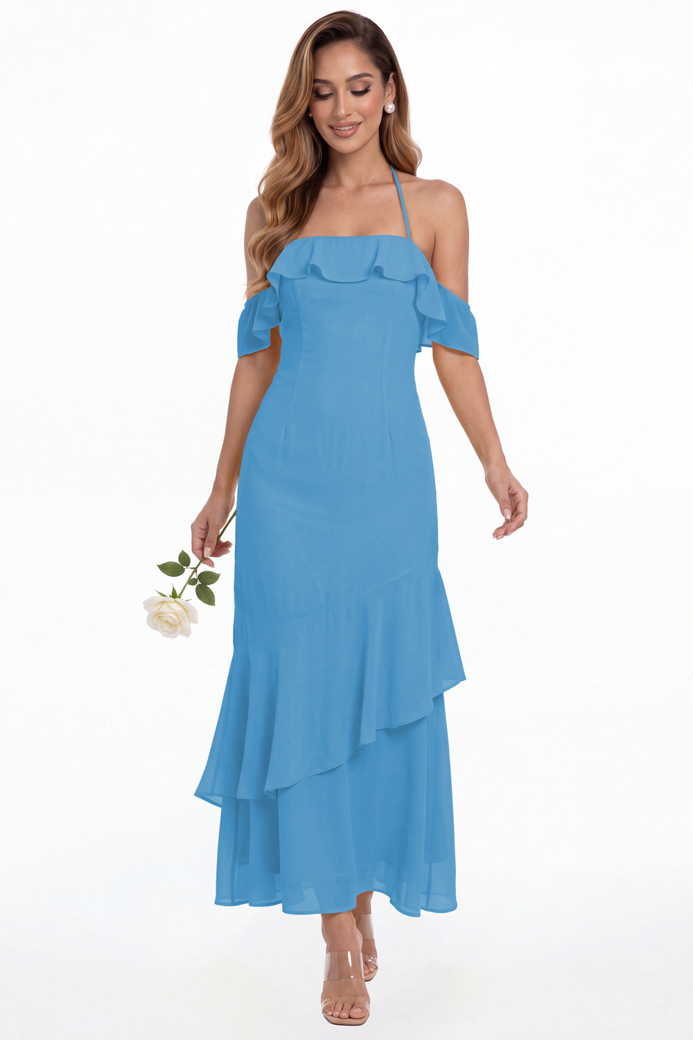Ocean Blue Off Shoulder Chiffon Ruffle A-Line Maxi Gown - Front View