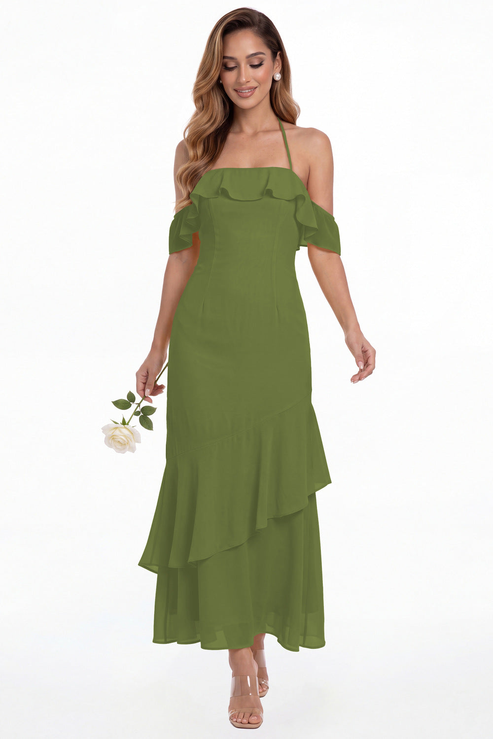 Olive Green Off Shoulder Chiffon Ruffle A-Line Maxi Gown - Front View