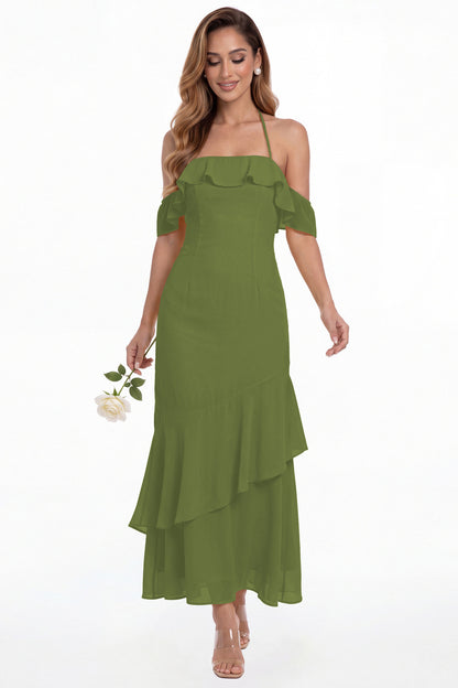 Olive Green Off Shoulder Chiffon Ruffle A-Line Maxi Gown - Front View