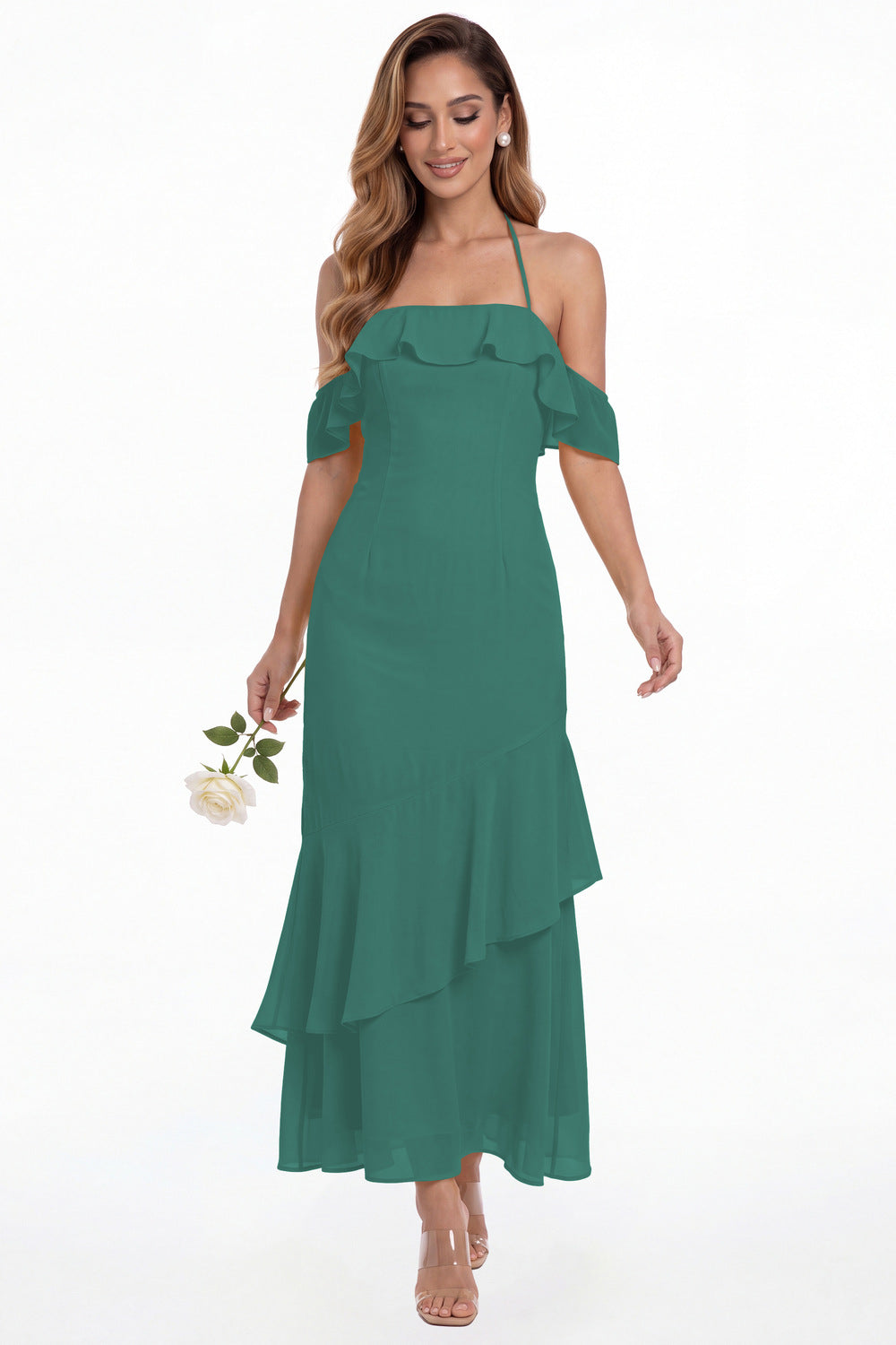 Peacock Off Shoulder Chiffon Ruffle A-Line Maxi Gown - Front View