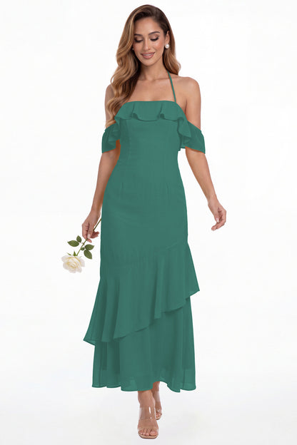 Peacock Off Shoulder Chiffon Ruffle A-Line Maxi Gown - Front View