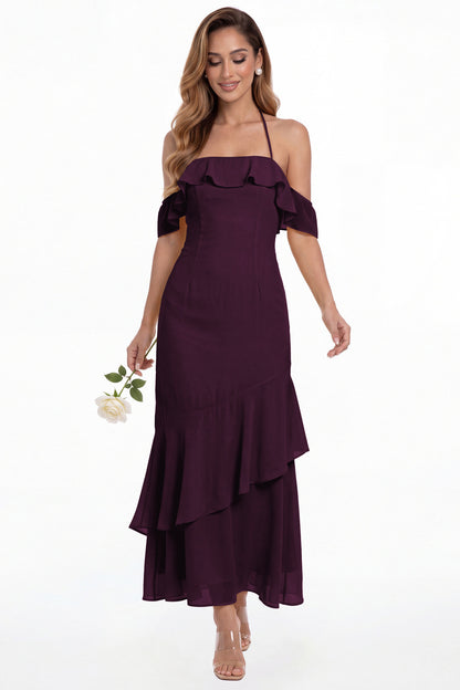 Plum Off Shoulder Chiffon Ruffle A-Line Maxi Gown - Front View