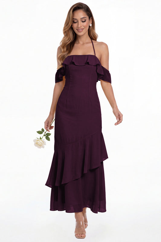 Plum Off Shoulder Chiffon Ruffle A-Line Maxi Gown - Front View