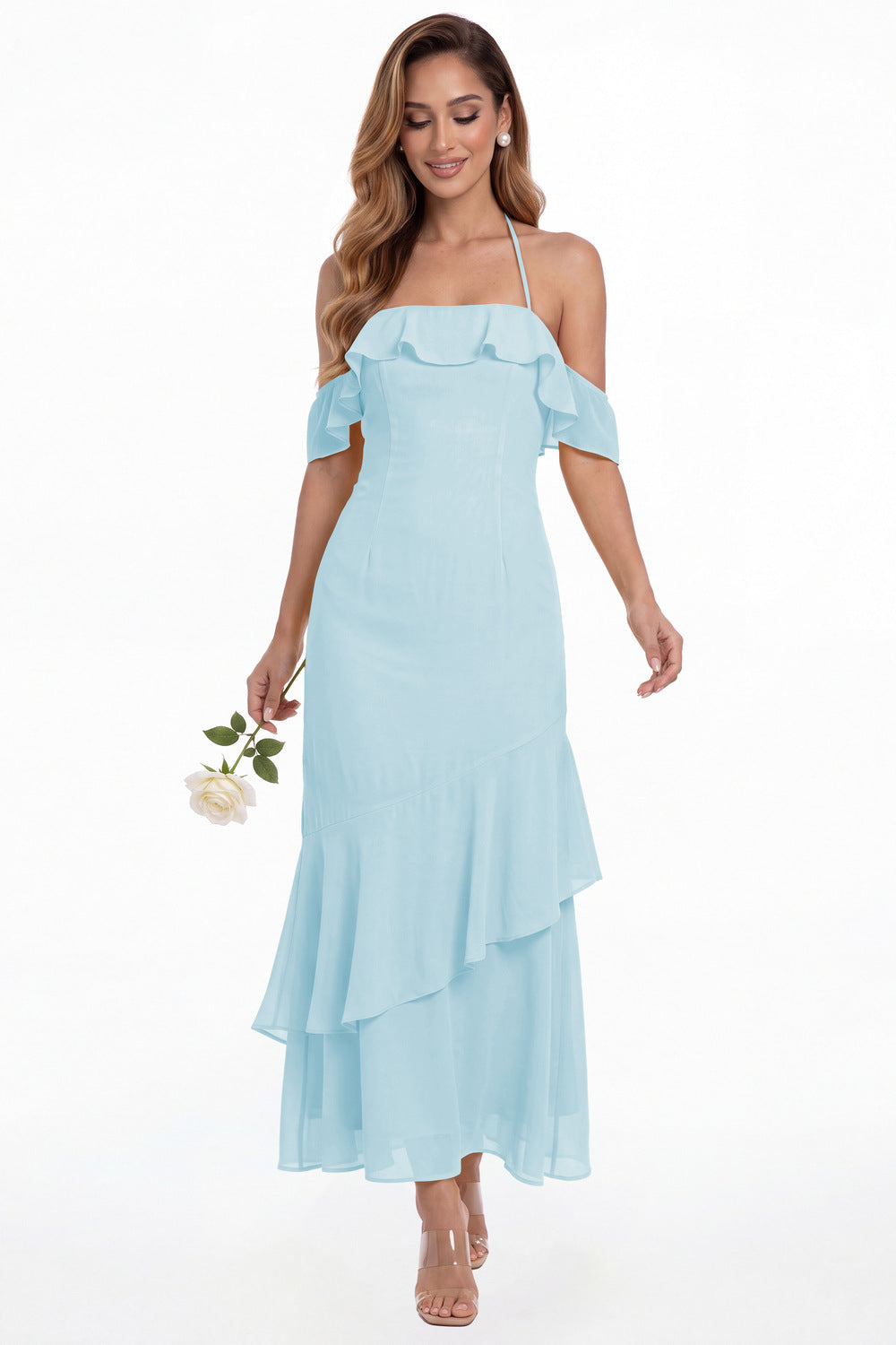 Powder Blue Off Shoulder Chiffon Ruffle A-Line Maxi Gown - Front View