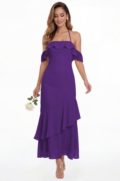 Purple Off Shoulder Chiffon Ruffle A-Line Maxi Gown - Front View