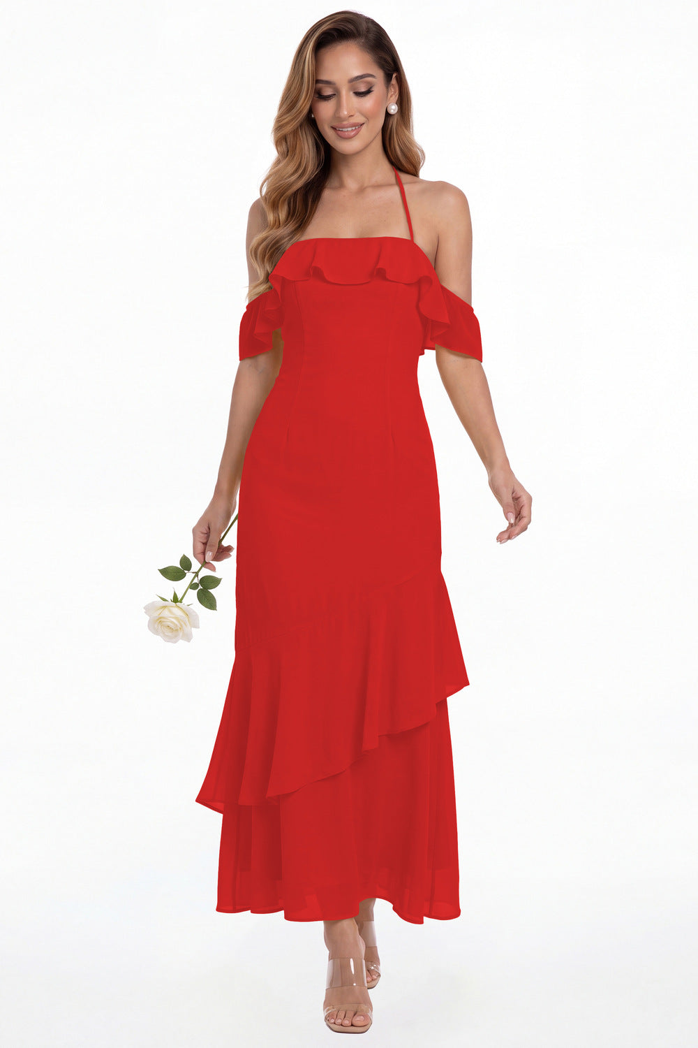 Red Off Shoulder Chiffon Ruffle A-Line Maxi Gown - Front View
