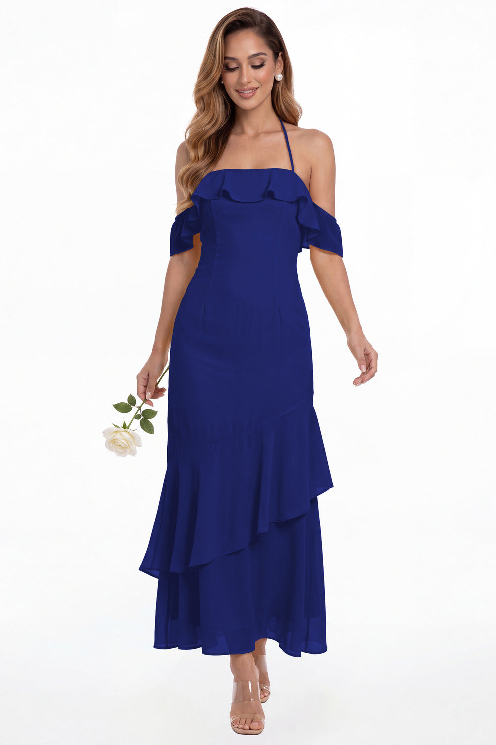 Royal Blue Off Shoulder Chiffon Ruffle A-Line Maxi Gown - Front View